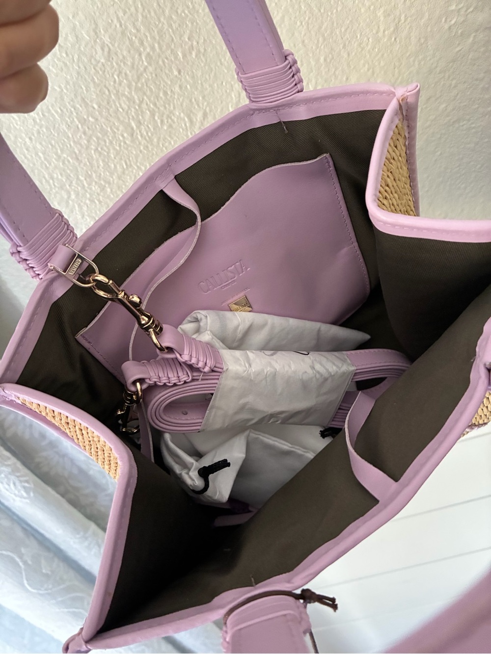 Callista Lilac-Trim Woven Straw Tote Bag